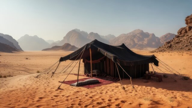 Desert Bedouin Tent in Wadi Rum Jordan Landscape.