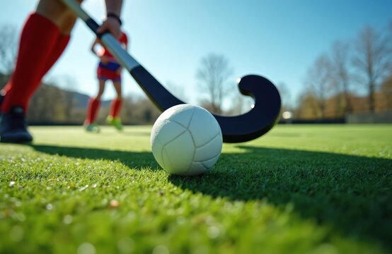 Player prepares to strike a white field hockey ball with a stick on green turf. Another player stands in background. It is a dynamic sport moment on a bright sunny day, full of action.