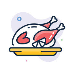 Festive meals, roasted turkey chicken flat outline vector