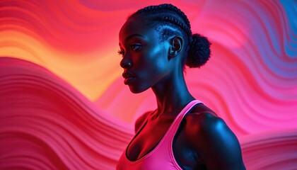 Side face portrait of sporty lady on pink wavy abstract backdrop. Confident ethnic female model poses in pink sportswear. Beauty concept. Dark skinned girl in studio. Wellness trend.