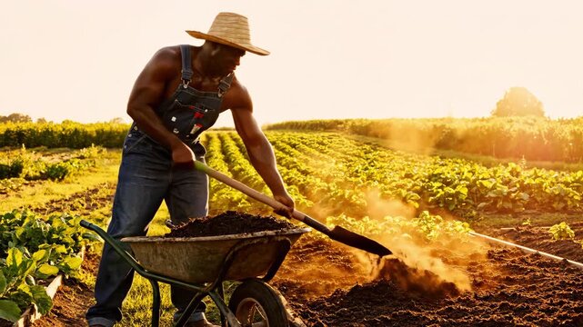 A muscular farmer wearing a straw hat and overalls shovels soil into a wheelbarrow in a field