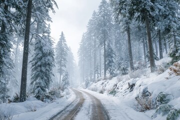 Enchanting winter wonderland scene featuring snow covered trees and a winding road perfect for holiday campaigns