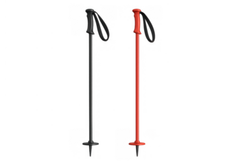 Pair of ski poles, black and red sticks for winter sport, skiing equipment, transparent background
