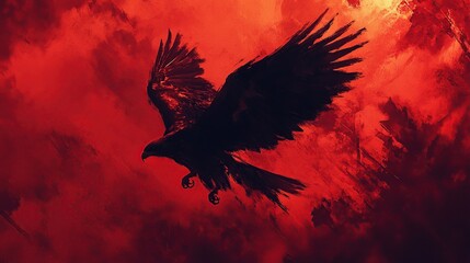 Fototapeta premium A majestic eagle soars through a turbulent, fiery sky, creating a dramatic and powerful image.