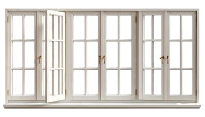 White, multi-pane window. Two center panels are open