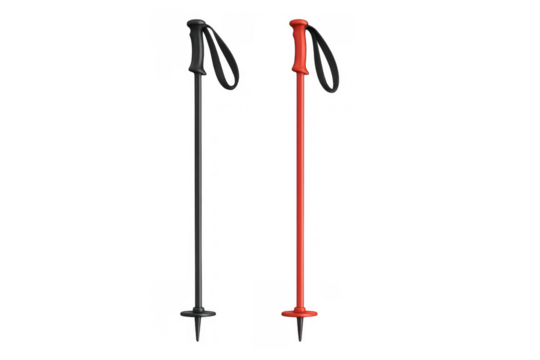 Pair of ski poles, black and red sticks for winter sport, skiing equipment, transparent background