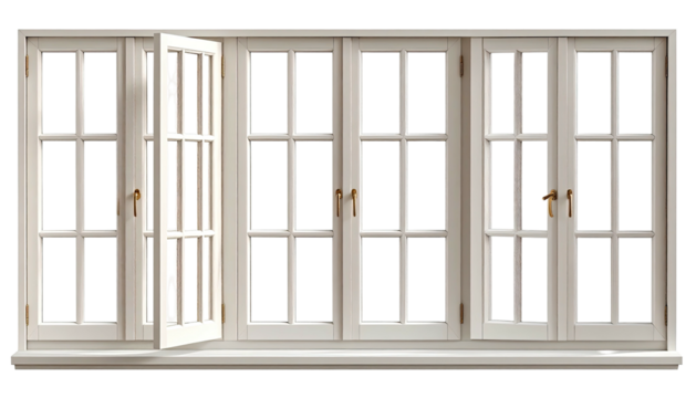 White, multi-pane window. Two center panels are open