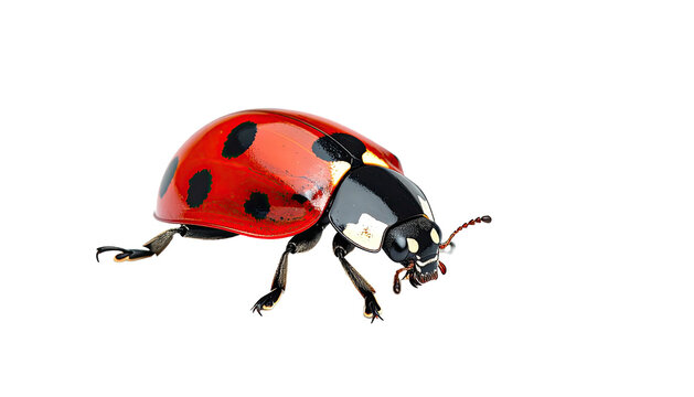 Red ladybug, black spots, delicate legs, isolated on black