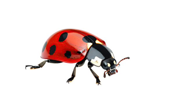 Red ladybug, black spots, delicate legs, isolated on black
