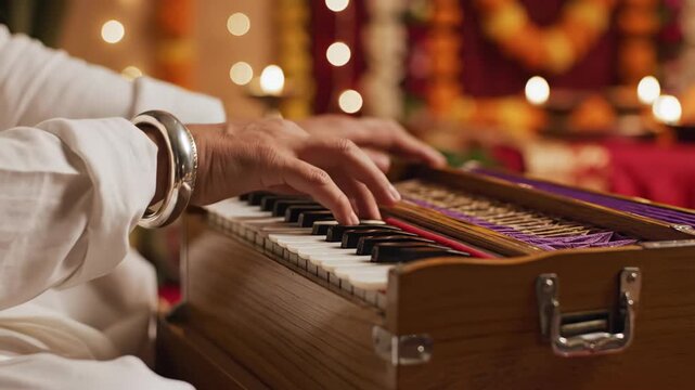 Closeup of a musicians hands playing the harmonium, a traditional indian musical instrument, in a dimly lit setting guru nanak jayanti