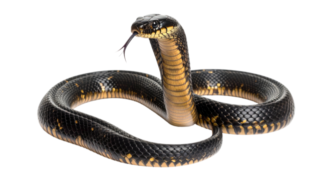 Coiled snake, black body with yellow markings, tongue extended
