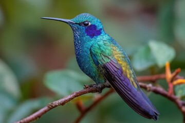 Obraz premium Captivating sparkling violetear perched on a branch amidst lush greenery, showcasing vibrant colors in a serene natural habitat