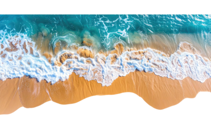 Azure waves crash on sandy beach, aerial