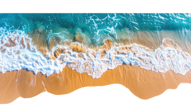 Azure waves crash on sandy beach, aerial