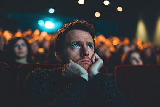 Displeased moviegoer reacts to a disappointing film in a crowded theater during an evening screening in a modern cinema setting - Powered by Adobe
