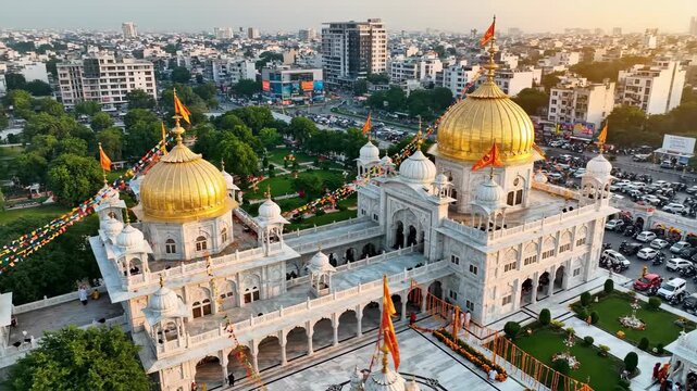 Aerial view of gurdwara dukh niwaran sahib, a prominent sikh shrine in ludhiana, punjab, india, on a sunny day guru nanak jayanti