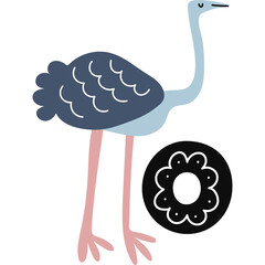 Stylized Ostrich And Decorative Element In Scandinavian Style With Simple Shapes And Muted Colors Featuring Blue Gray Bird With Pink Legs And Black Circle Pattern On White Background
