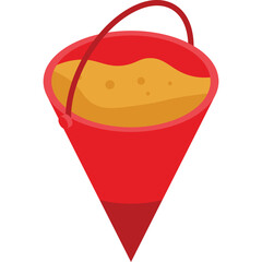 Red Sand Bucket Filled With Sand Featuring a Wire Handle and a Tapered Base on a Transparent Background