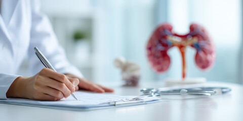Doctor hands writing on paper document at a desk. Healthcare research, schedule app and clinic planning. Medical person on digital technology and journal for telehealth, notes and reminder or planner