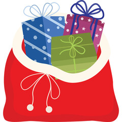 Red Santa Claus Bag Overflowing with Colorful Wrapped Gifts Blue Purple Green Presents Tied with Ribbons Isolated on White Background