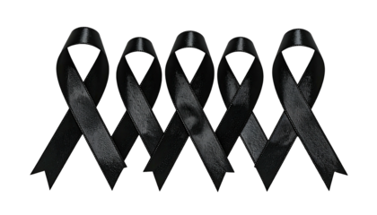 Five black mourning ribbons arranged across a black background