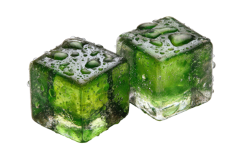 Two green ice cubes with water droplets, black background