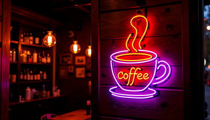 Coffee cup neon sign in vibrant orange and purple glow mounted on a front cafe wooden wall at night scene