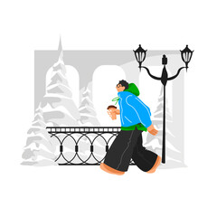 A man walks through the park. A man drinks coffee on the way. Vector illustration of a man in warm clothes on a background