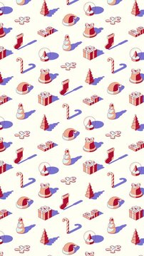 Vertical seamless pattern loop of Christmas related isometric icons with shadows