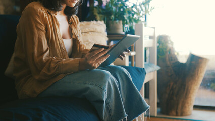 Credit card, hands or woman with tablet on sofa for online shopping, internet banking or website...