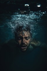 Emotional Portrait of a Drowning Man Under the Water Surface