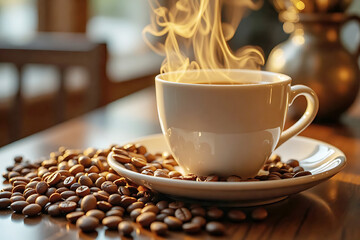 Steaming cup of freshly brewed coffee placed on a saucer, surrounded by a scattering of rich, roasted coffee beans bathed in ambient light on a cafe table