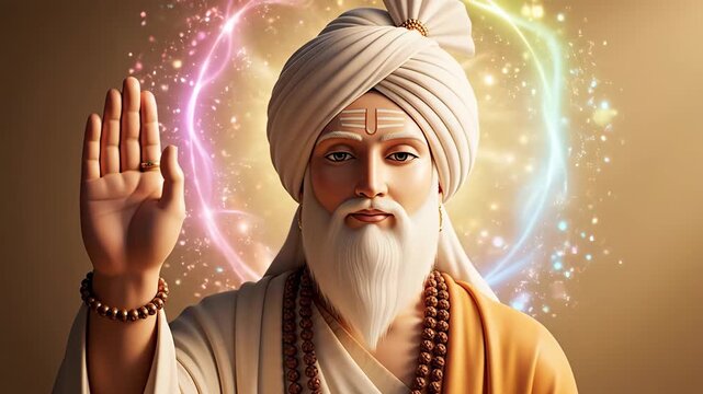 A serene depiction of a guru with a turban, beard, and mala beads, radiating spiritual wisdom and inner peace guru nanak jayanti