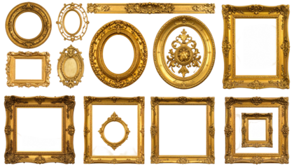 Ornate gold picture frames, various sizes, set against black