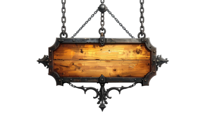 Medieval sign hung with chain, wooden plank, dark metal frame