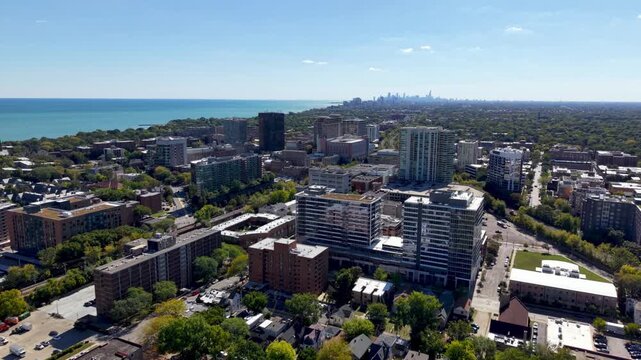 aerial high push in to evanston illinois