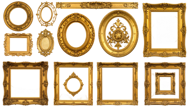 Ornate gold picture frames, various sizes, set against black