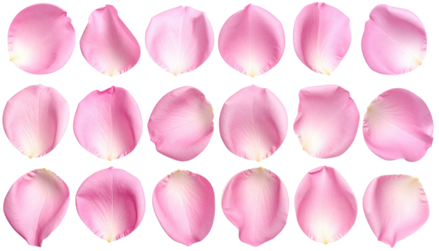 Pink flower petals, isolated, in rows, on a black background