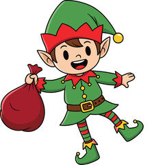 Cute Christmas elf cartoon holding red gift bag, happy Santa helper character in green costume for holiday celebration vector art