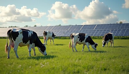 Cows graze in grassy field with solar panels in background. Cattle feed at green pasture near sustainable energy farm. Agrivoltaics concept shows synergy of agriculture and renewable tech.