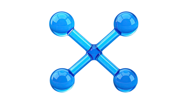Glossy blue X-shaped molecule, rounded and symmetrical on black