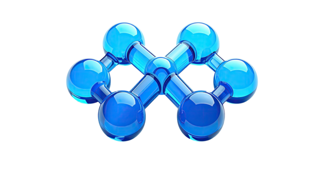 Connected blue glass spheres & cylinders on a black background