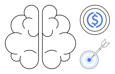 Black outlined brain positioned beside a dollar sign within a target circle and an arrow hitting a bullseye. Ideal for business strategy, financial planning, goal setting, innovation