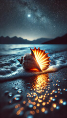 Glowing seashell on a moonlit beach with starry sky and ocean waves. Magical seascape in cinematic style. Fantasy posters, travel ads, website banners, wallpapers, and editorial design.	