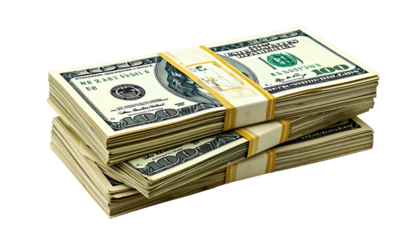 Stacked bundles of hundreds, strapped with yellow bands