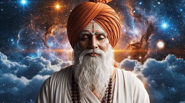A spiritual sikh guru with an orange turban meditating in front of a cosmic galaxy, embodying enlightenment and peace guru nanak jayanti