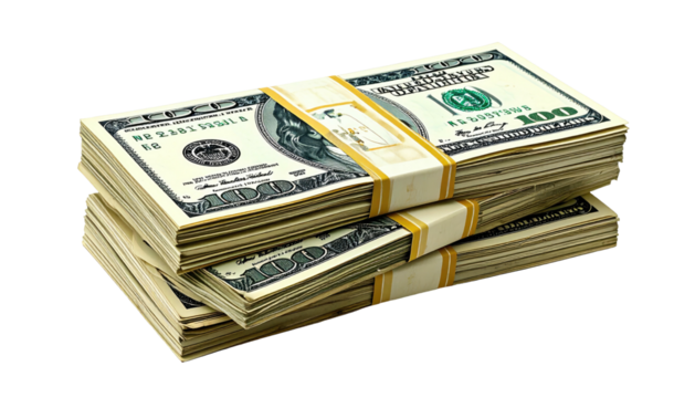 Stacked bundles of hundreds, strapped with yellow bands