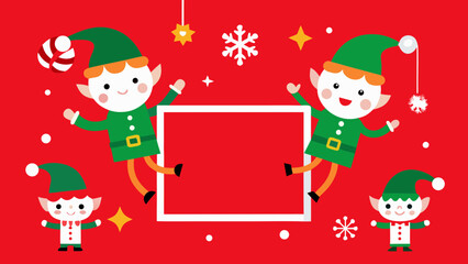 Fototapeta premium Illustration of christmas elves holding a blank frame on red background