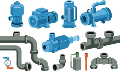 Technical illustration of industrial water pumps and pipe fittings, plumbing system components, engineering equipment vector design for maintenance and repair