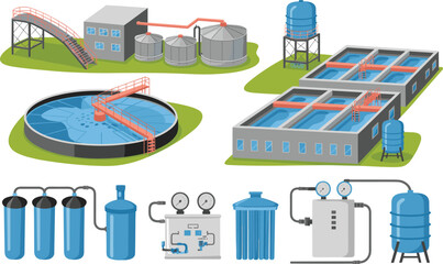 Obraz premium Water treatment plant illustration, wastewater purification system diagram, clean water filtration process, industrial facility design, environmental engineering concept art